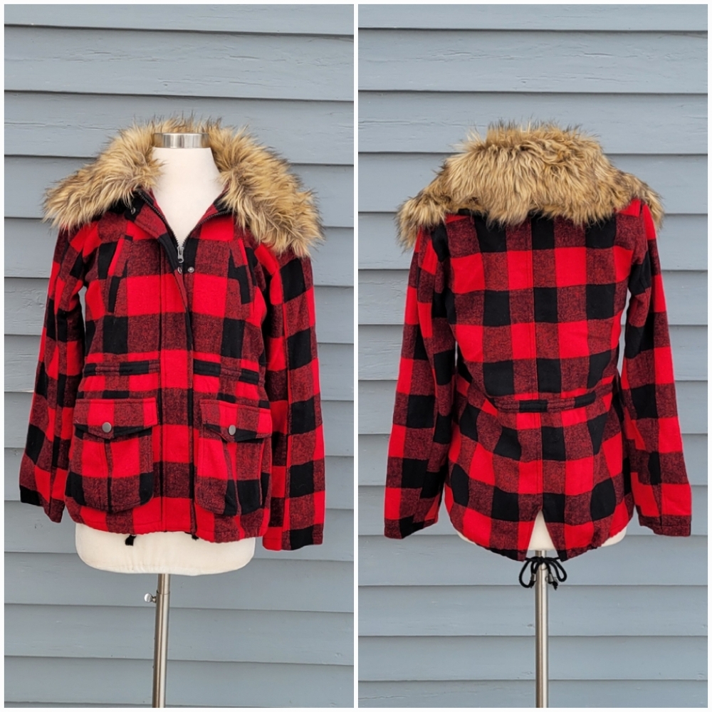 Vintage 90s Y2k Bongo Buffalo Check Plaid Red Black Faux Fur Collar Jacket Small